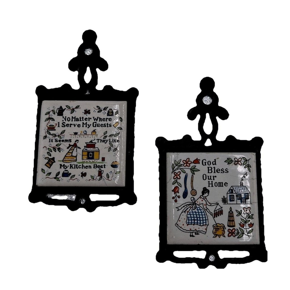 Vintage Cast Iron Trivets with Tile Inserts God Bless Our‎ Home Kitchen